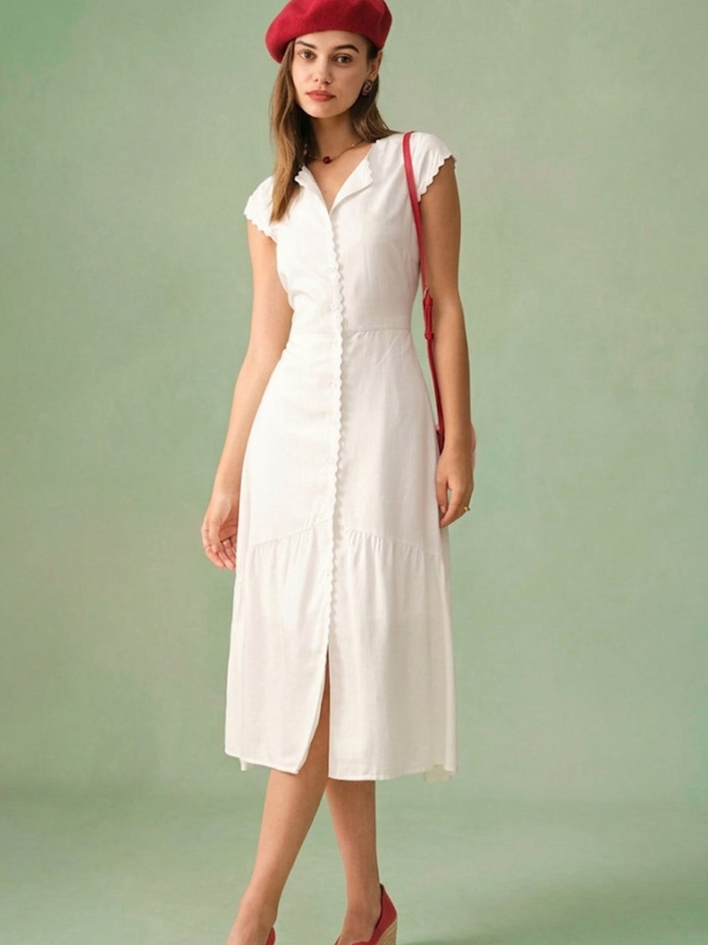 Rihoas The Solid Color Lapel Midi Dress Medium